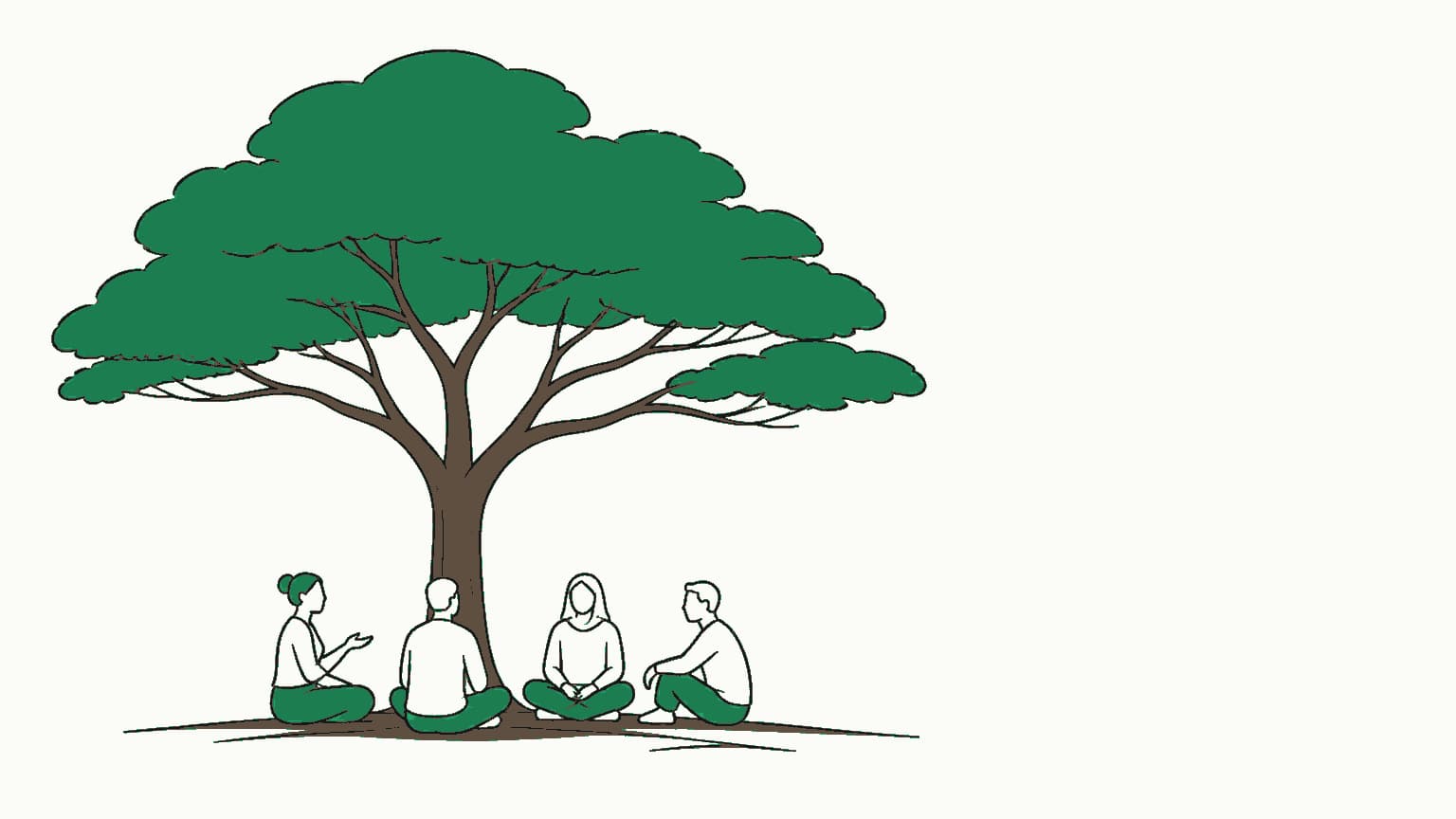A flat line illustration in green and charcoal on cream, evoking a community designing and working together