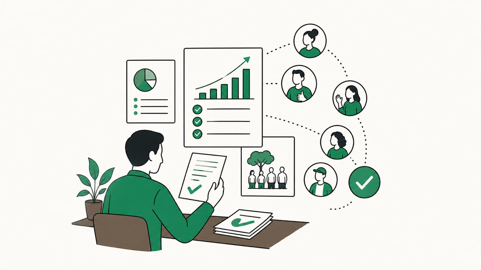 A flat line illustration showing funding evidence, adoption signals and community input connected to a project assessment